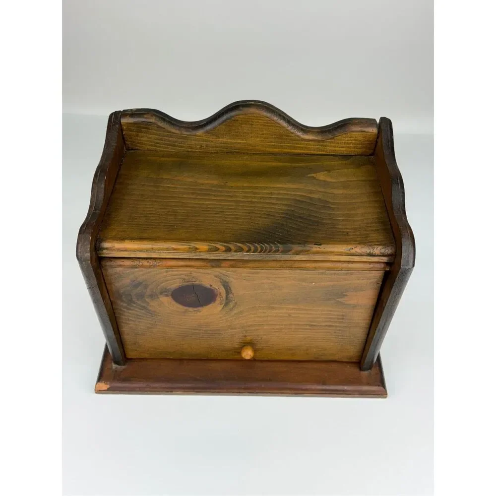Vtg Hand Carved Wooden Bread Box Rustic Farmhouse Countertop Storage